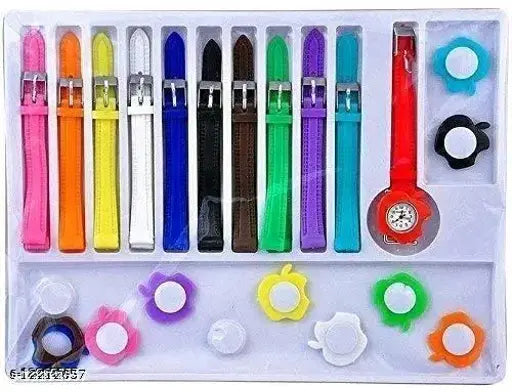 Colorful set of watches with various strap colors and different watch face designs