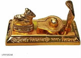 Brass Shivling with Nandi in golden color, small home temple figure for worship