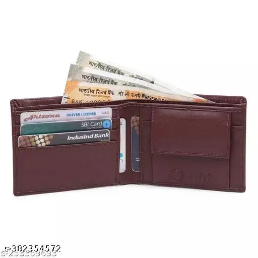 Stylish faux leather bi-fold wallet, 2 compartments, textured design. Premium leather for modern men's accessory, free size (10cm x 5cm). New item may feel stiff and tight, softens with use. Made in India