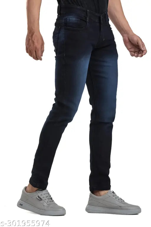 Dark blue denim slim fit stretch jeans for men by FANG JEANS, India