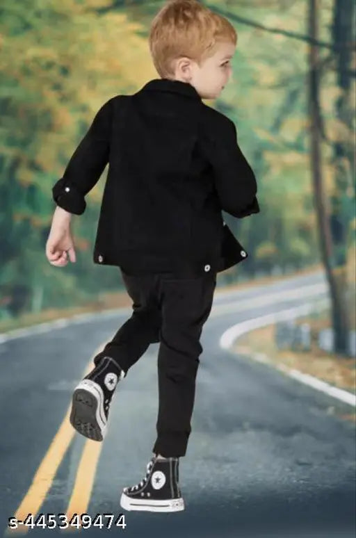 Denim kids jumper, black solid pattern long sleeves, stylish and durable for young ones aged 0-5 years, India origin