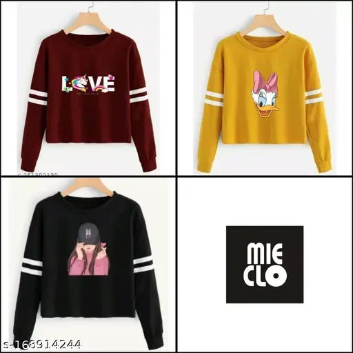 Printed women's cotton blend full sleeves t-shirt pack (3) - trendy tops for casual wear, India origin