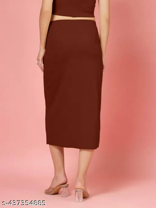 A brown wraparound skirt in a ribbed fabric, likely lycra or spandex, designed for women's wear