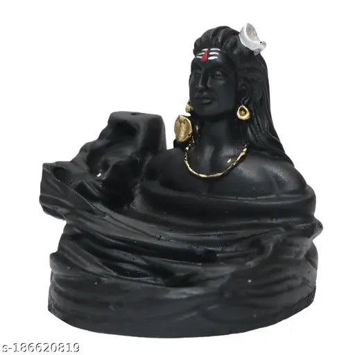 Khushi Handcrafted Lord Shiva Smoke Backflow Showpiece, black ceramic smoke backflow art with metal stand and golden necklace