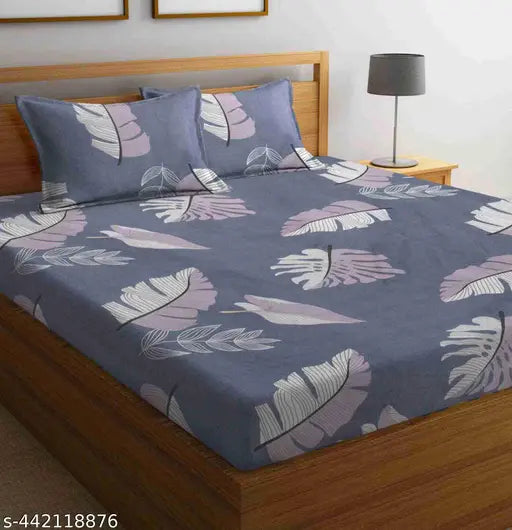 Double Glace Cotton bedsheet with elastic fit & 2 pillow covers in botanical design, ideal for a summer single bed