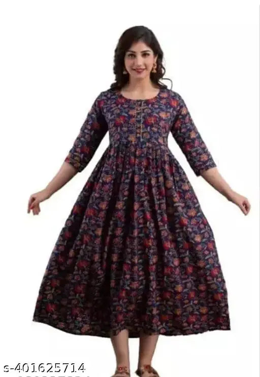 Dark blue floral maternity kurti, long-sleeved, comfortable cotton dress.