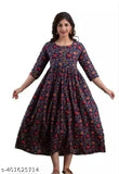 Dark blue floral maternity kurti, long-sleeved, comfortable cotton dress.