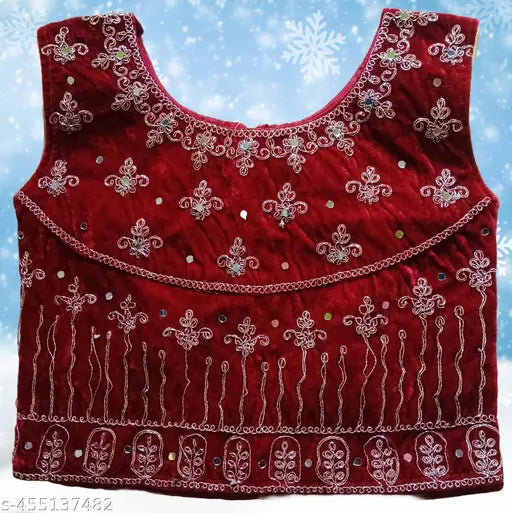 Stylish maroon velvet lehenga choli set with net dupatta for kids, embroidered design, sleeveless, multiple size options available