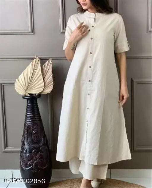 OffWhite Kantha Cotton Kurta Palazzo Set for Women, solid color organic Indian cotton clothing with short sleeves, featuring a single piece size S-XXXL