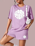Lavender printed cotton night suit set: women's top & shorts with half sleeves, made in India