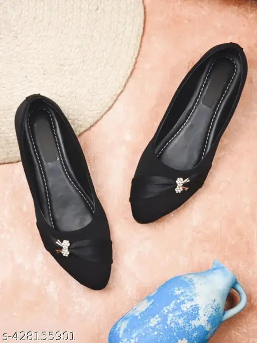 Black, velvet casual bellie shoe with bow accents