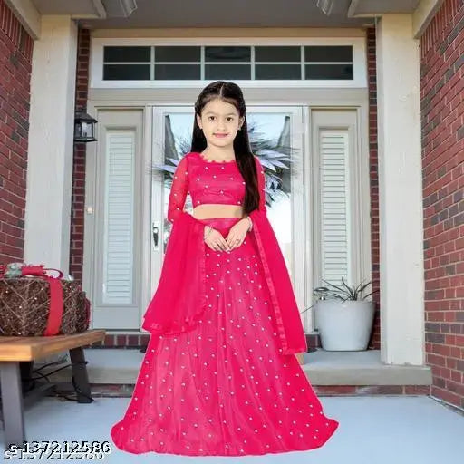 Indian-made angle style semi-stitched net lehenga choli for 3-15 year old girls, embroidered with short sleeves and suitable for functions, festivals, parties, and weddings