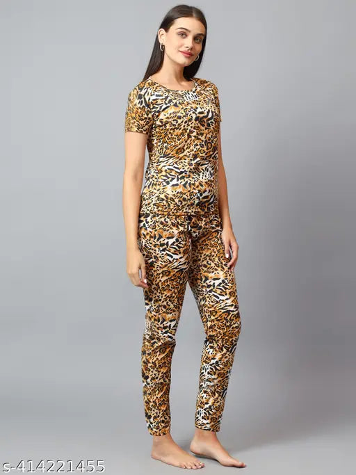 Tiger printed soft cotton silk women's night suit set for adults & kids, 3 pcs set [XS, S, M, L]