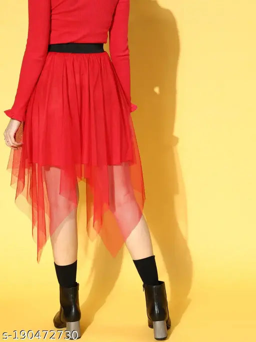 Red net solid asymmetric skirt for women, gorgeous and versatile, size 26/28/30/32/34 inches