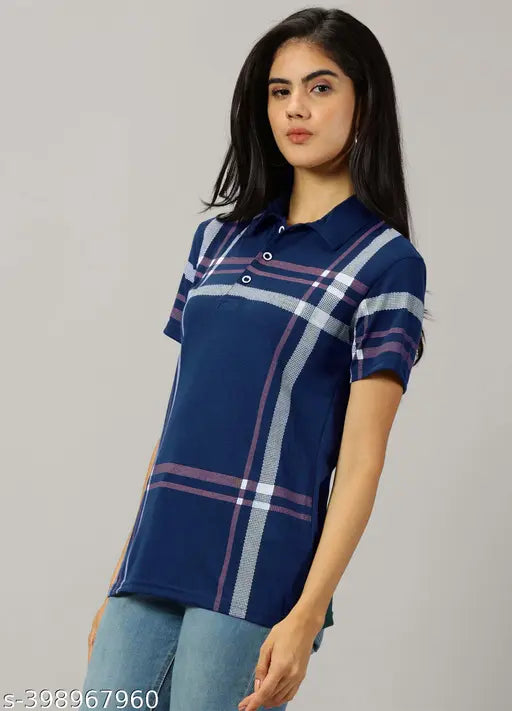 Blue cotton blend printed polo t-shirt for women, featuring a casual and fashionable design, perfect for everyday wear or pairing with various bottoms
