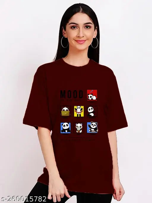 Large red t-shirt with Nintendo characters and the word "mood" on it, oversized for women