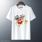Sinchan cartoon printed white round neck t-shirt, polyester with short sleeves and cartoon print on a neutral background