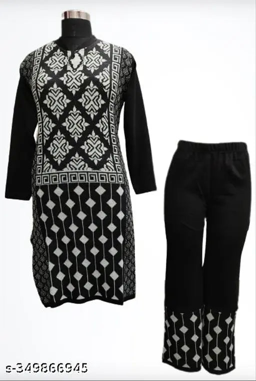 Woolen Free Size Palazzo kurta set with single pocket, printed net pattern. Women's traditional ethnic wear for winter comfort