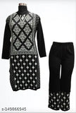 Woolen Free Size Palazzo kurta set with single pocket, printed net pattern. Women's traditional ethnic wear for winter comfort