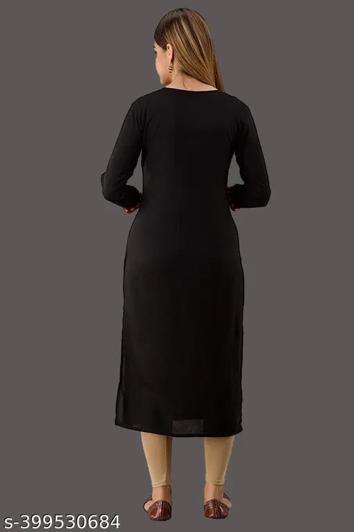 Black rayon solid embroidered kurta with three-quarter sleeves, Indian black ethnic wear for women