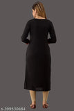 Black rayon solid embroidered kurta with three-quarter sleeves, Indian black ethnic wear for women