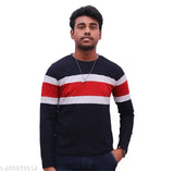 Black and White Striped Round Neck Cotton T-Shirt for Men, long sleeves, versatile layering for casual elegance