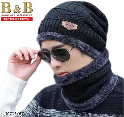 Woolen checked winter beanie cap set with neck warmer and gloves, black - men's and women's skull cap for cold weather, India origin