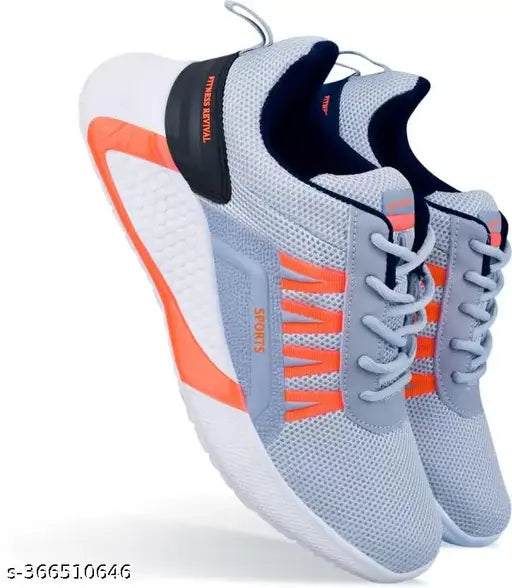 Grey and orange sports shoes with Velcro closures