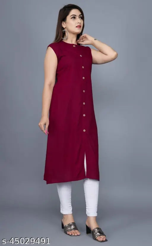 Maroon rayon sleeveless kurti with sherwani pattern, dyed/washed combo for daily wear, calf length, M (38 in bust), L (40 in bust), XL (42 in bust) - Women's summer collection
