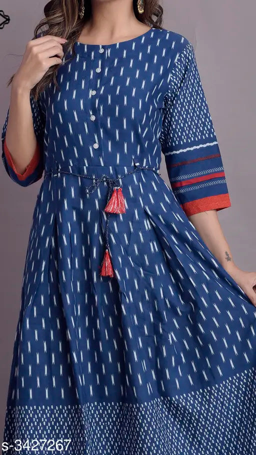 Blue printed cotton blend anarkali kurti with short sleeves and contrast trim