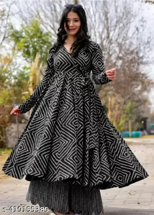 Rayon printed anarkali with palazzo set, vibrant design and long sleeves on display, size S-XXXL
