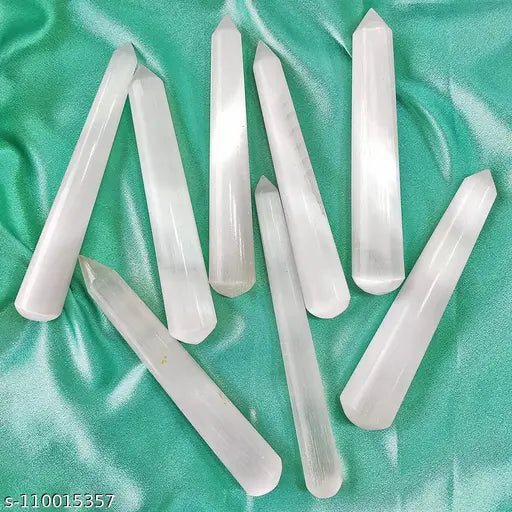 A set of 12 selenite crystal wands, polished round points, with a clear glass handle for Reiki healing energy