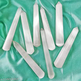 A set of 12 selenite crystal wands, polished round points, with a clear glass handle for Reiki healing energy