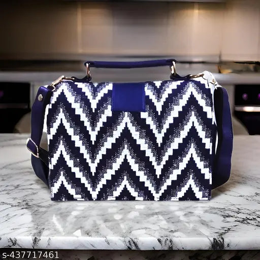 Trendy blue and white geometric design office bag with adjustable strap for girls and women