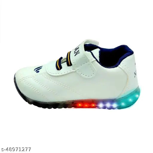 White running shoes with neon blue accents and light up sole