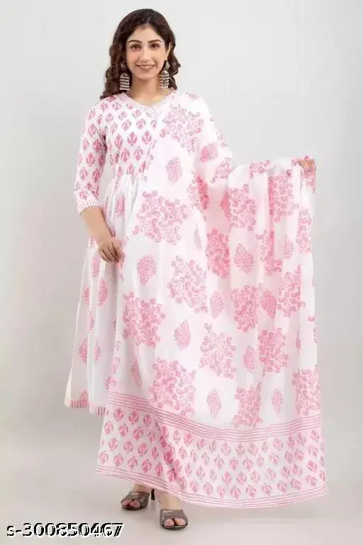 Pink anarkali kurta and dupatta, floral embroidery
