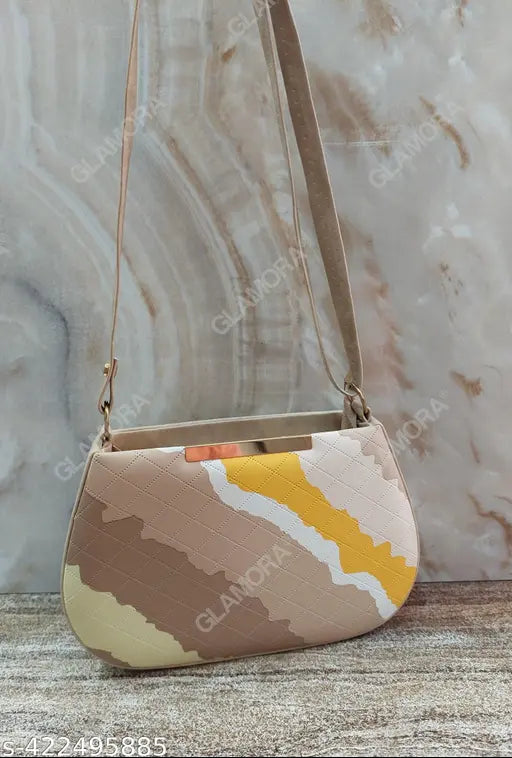 A large, multi-colored sling bag with a flap closure