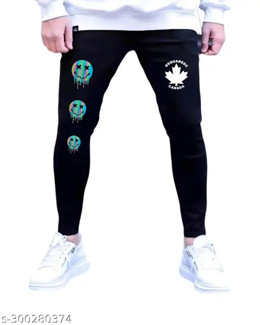 Fashionable trendy men's black denim jeans, high-quality stretch fabric with placement print. Enhance your wardrobe versatility. Available in sizes 28, 30, 32, and 34 (waist size 29/31/33/35, length size 39in). Made in India