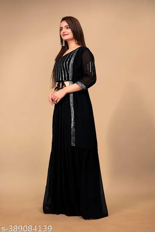 Black women's indo western set, georgette crop top lehenga with shrug for any occasion, India-origin ethnic wear on model