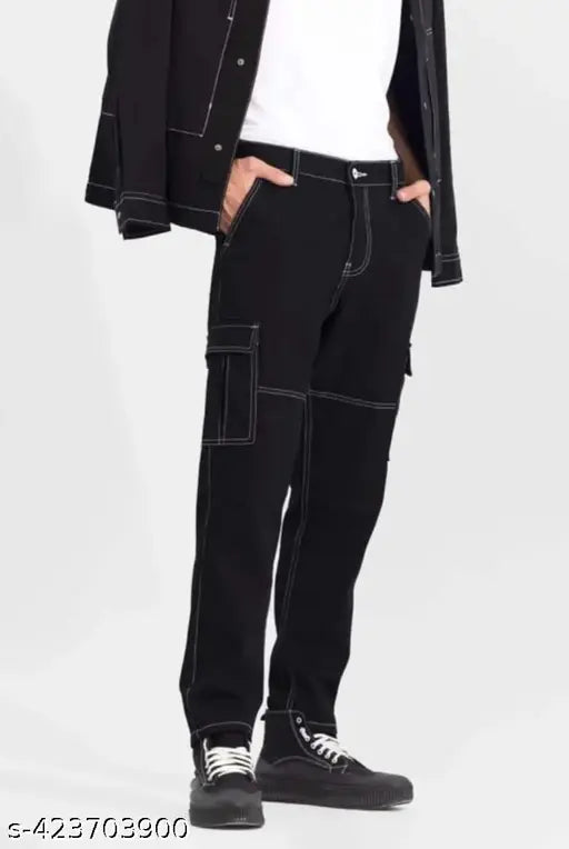 Straight black denim jeans for men, button waist closure, machine wash, solid pattern, bootleg fit, pack of one quantity, India origin