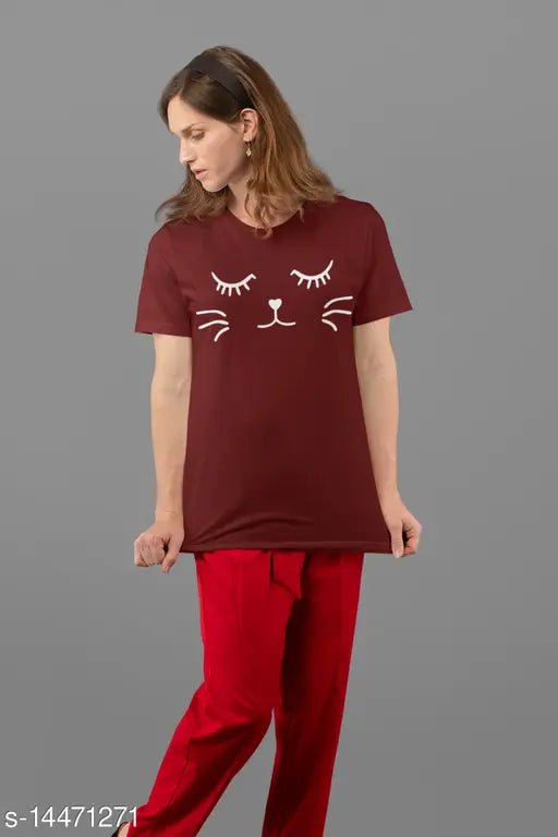 Classy cotton three-quarter sleeve t-shirt for women, printed net design. Made in India