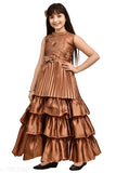 Brown silk blend sleeveless embroidered net dress for girls, pack of 1 - India origin, size 3-4 years to 7-8 years