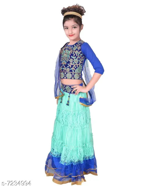 Blue net party wear ethnic lehenga choli set for girls, Sky Heights brand, printed pattern on net fabric