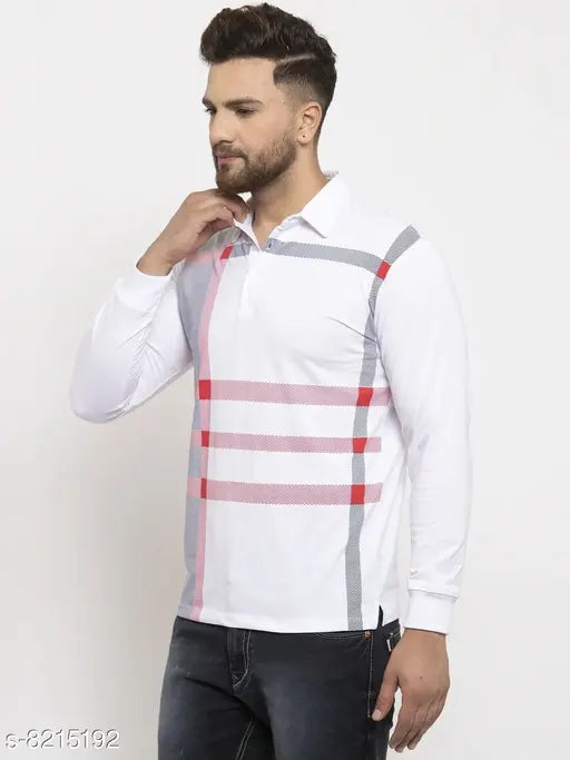 White cotton blend polo collar full sleeve t-shirt, printed with Western theme for men on display