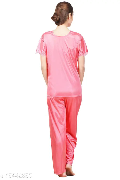 Pink silky satin pyjama set, free size, short sleeves