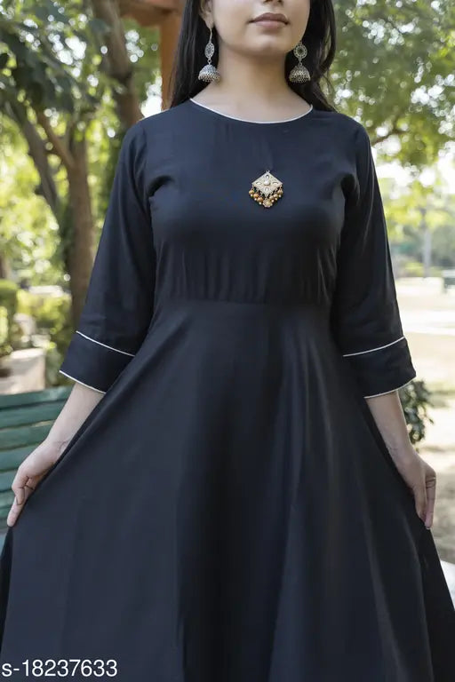 Black rayon solid anarkali dress, single-colored Indian ethnic wear with three-quarter sleeves