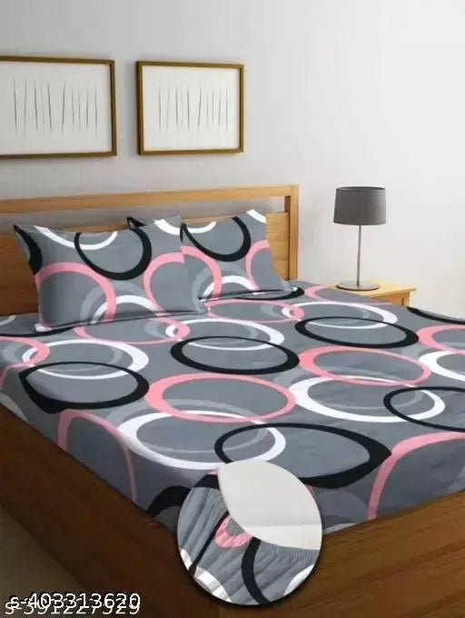 Platinum printed glace cotton, super-fine geometric double king elastic bedsheet with 2 pillow covers, ideal for summer adult use