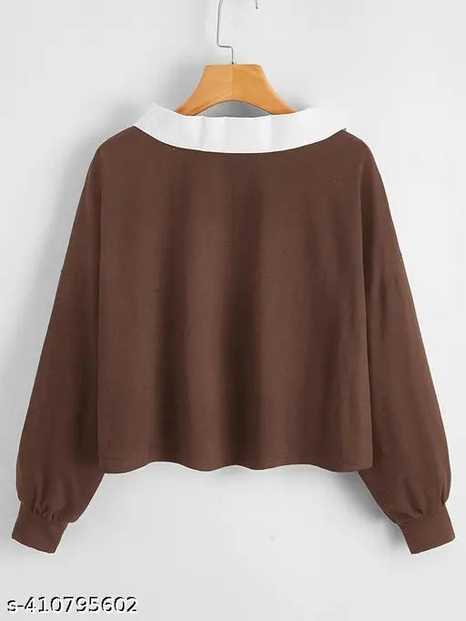 Women's Oversized Graphic Long Sleeve Collar Crop Tops Tee Shirts | Women Stylish Top and Tunic beautiful Collar design Korean Style T-shirt with Cool And Cute Design | New Korean Style polo collar Full sleeved T-shirt Latest Aesthetic Cool Graphic
