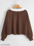 Women's Oversized Graphic Long Sleeve Collar Crop Tops Tee Shirts | Women Stylish Top and Tunic beautiful Collar design Korean Style T-shirt with Cool And Cute Design | New Korean Style polo collar Full sleeved T-shirt Latest Aesthetic Cool Graphic