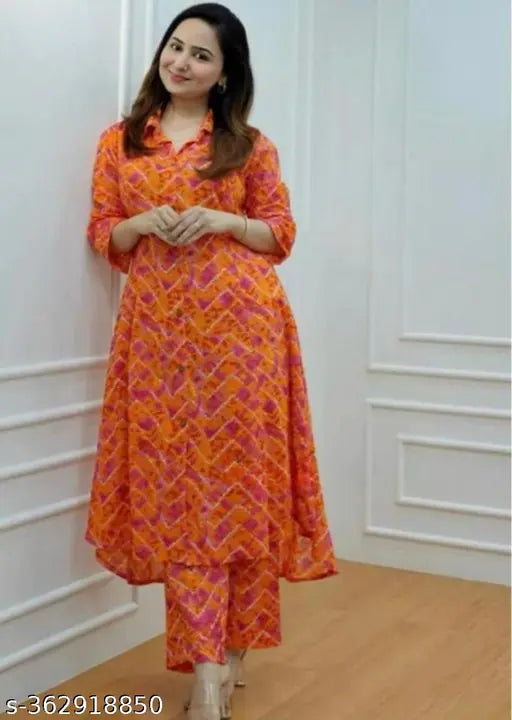 Orange new rayon kurta with palazzos, printed net, three-quarter sleeves, good quality fabric from India